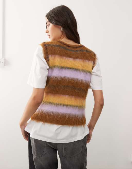 Reclaimed Vintage fluffy knitted tank in brown multi stripe, 3 of 4