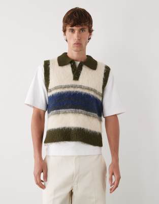 Reclaimed Vintage Reclaimed Vintage fluffy knitted tank with collar detail in multi stripe-White