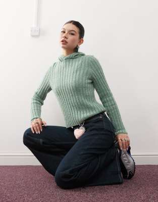 Reclaimed Vintage fluffy rib knitted hoodie in aqua blue