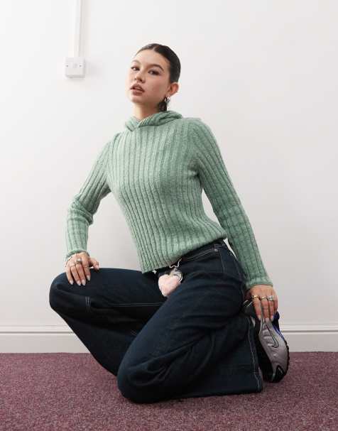 Reclaimed Vintage fluffy rib knitted hoodie in aqua blue - view 1