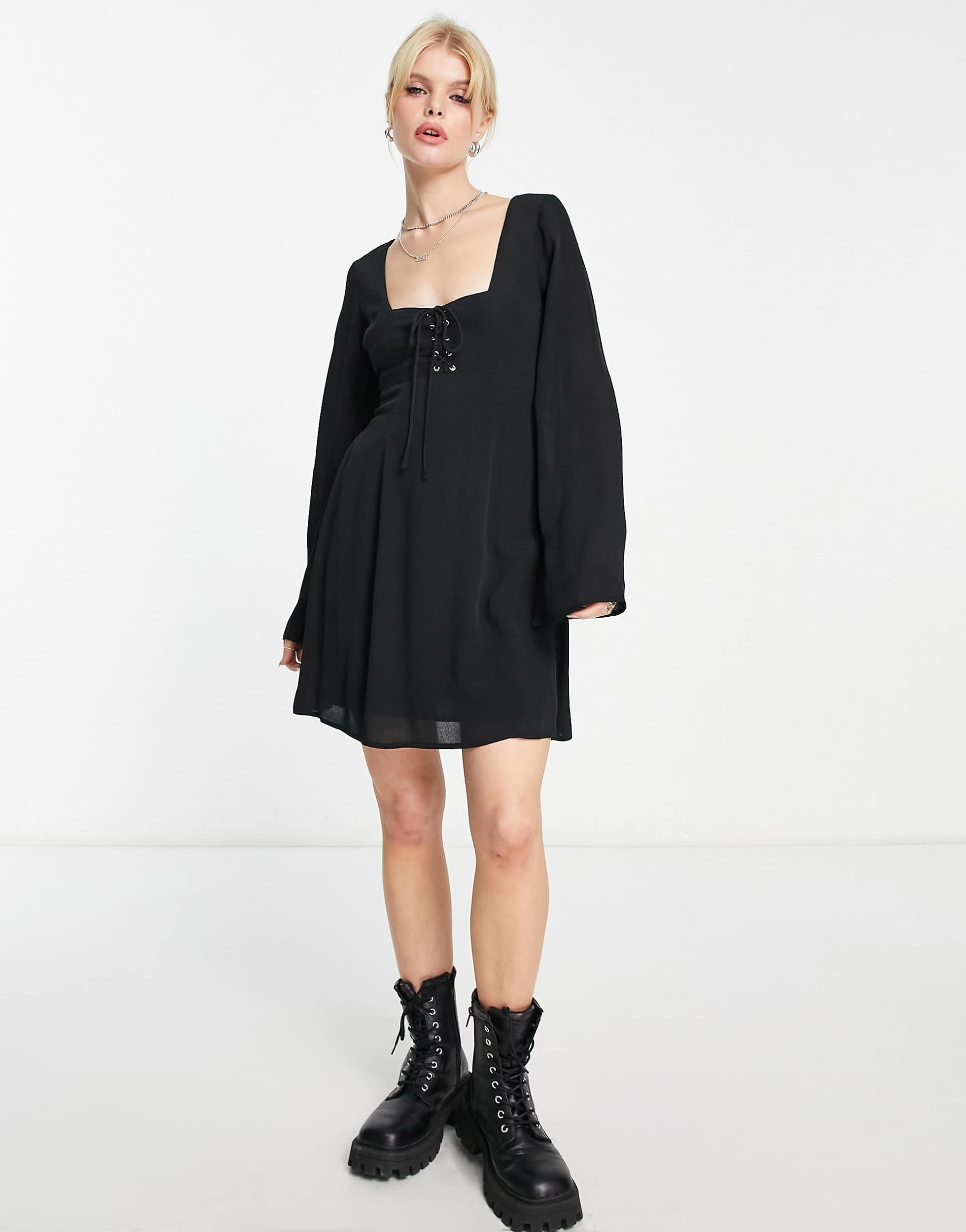 Reclaimed Vintage flute sleeve mini dress with tie detail view 2