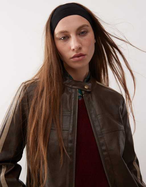 Reclaimed Vintage - Forvasket brun bikerjakke med læderlook og striber, 4 af 4