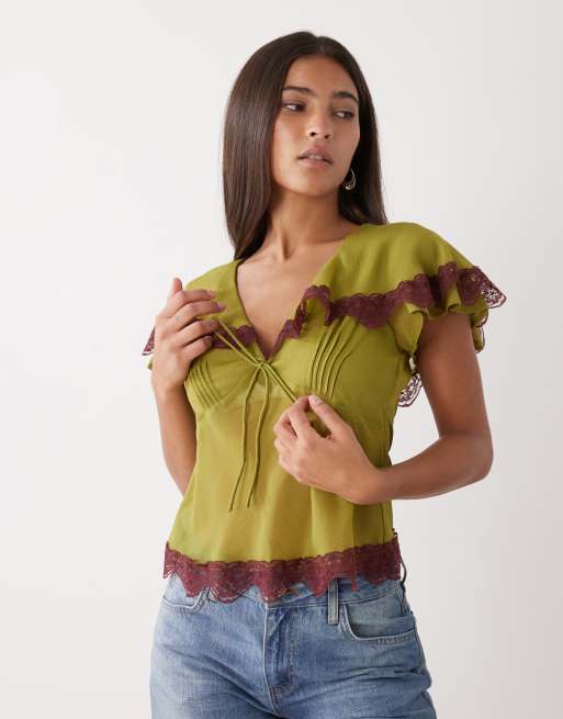 Reclaimed Vintage – Freizeitoberteil aus Chiffon in Grün mit Kragen