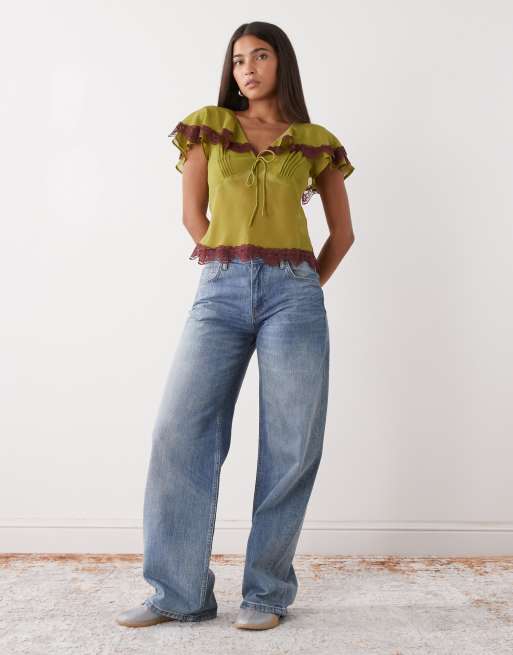 Reclaimed Vintage – Freizeitoberteil aus Chiffon in Grün mit Kragen, 2 von 4