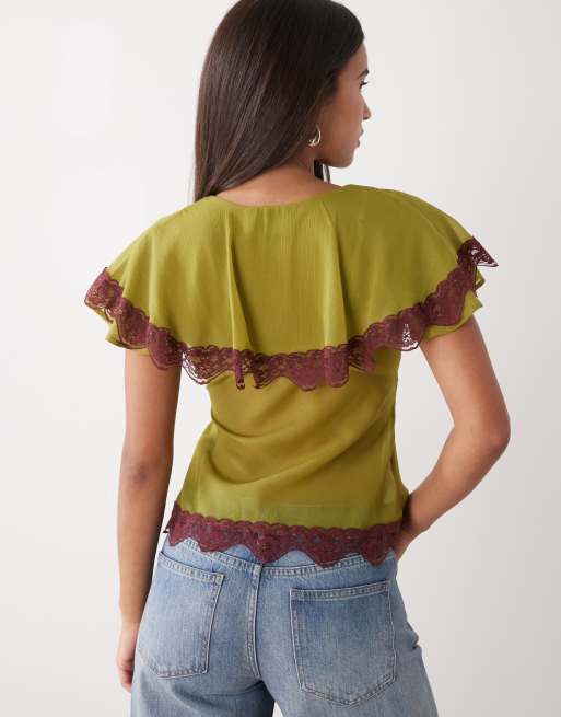 Reclaimed Vintage – Freizeitoberteil aus Chiffon in Grün mit Kragen, 3 von 4