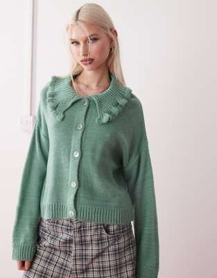 frill collar detail cardigan-Green