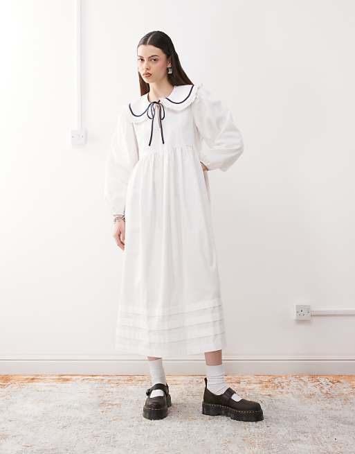 vintage collared dress French Embroidered Blue Vestidos with Peter Pan Collar Nice fabric and good craftsmanship. Period Drama Inspired Lace Collar
