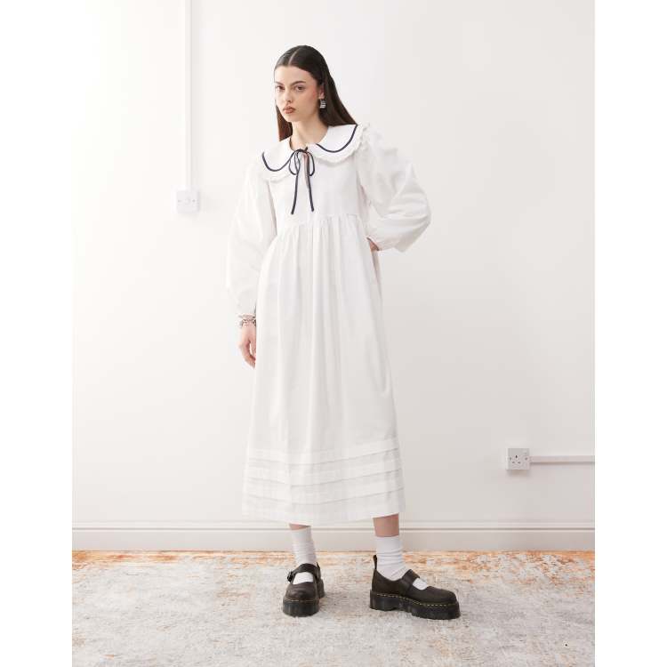 Reclaimed Vintage frill collar midi smock dress in white poplin | ASOS