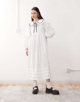 reclaimed vintage frill collar midi smock dress in white poplin