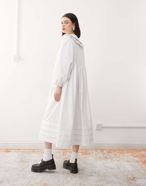 Reclaimed Vintage frill collar midi smock dress in white poplin ASOS