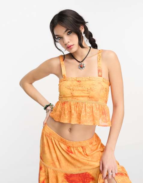 Reclaimed Vintage frill hem top with eyelet detail in washed orange - part of a set - view 1
