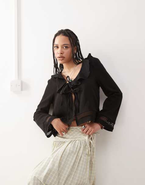 Reclaimed Vintage frill neck boho top with fluted sleeves - view 1