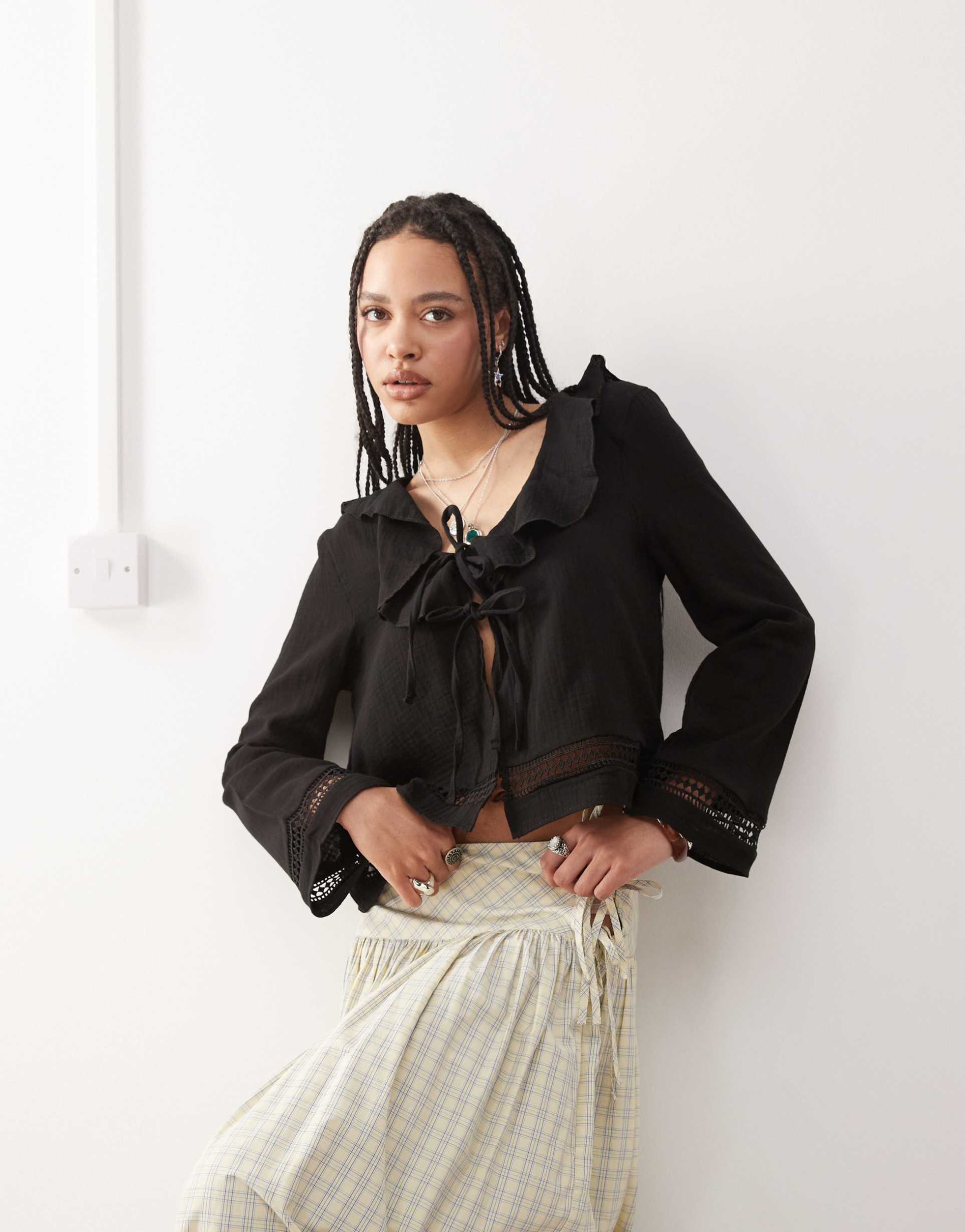 reclaimed vintage frill neck boho top with fluted sleeves