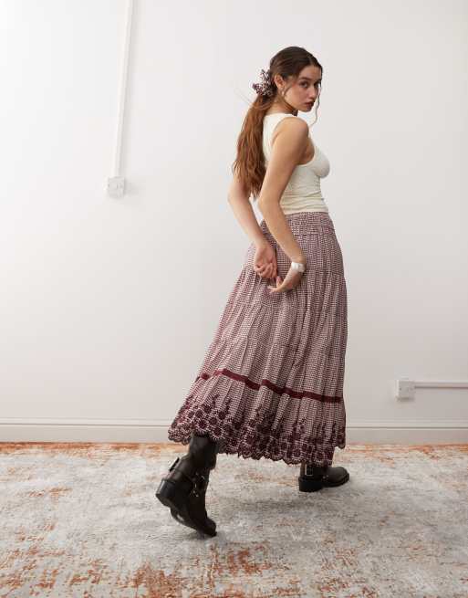 Reclaimed Vintage full midi skirt in maroon check with bows and embroidery, 2 of 5