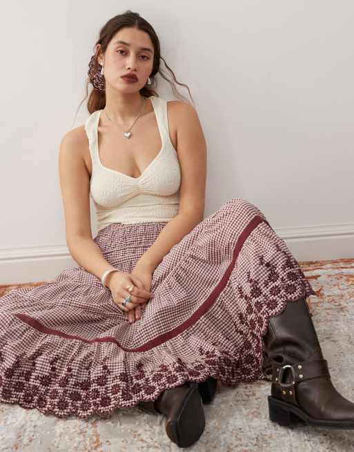 Reclaimed Vintage full midi skirt in maroon check with bows and embroidery, 3 of 5
