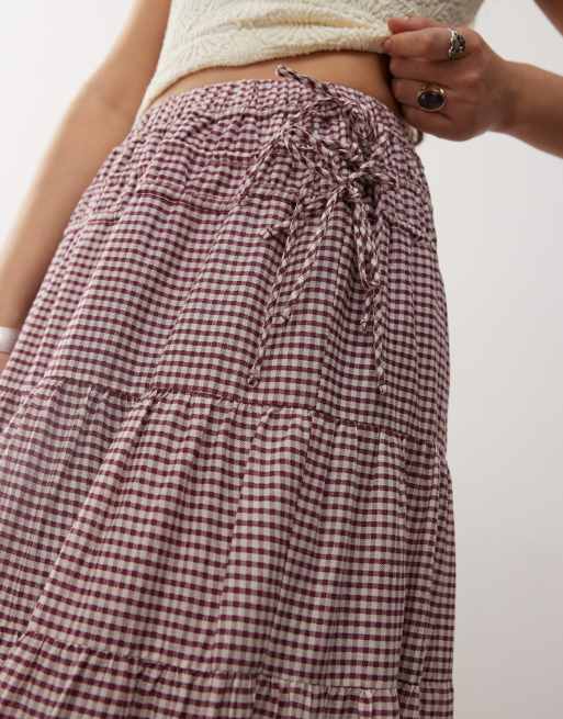Reclaimed Vintage full midi skirt in maroon check with bows and embroidery, 4 of 5