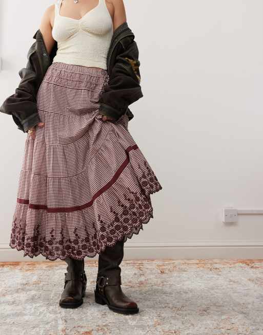Reclaimed Vintage full midi skirt in maroon check with bows and embroidery, 5 of 5
