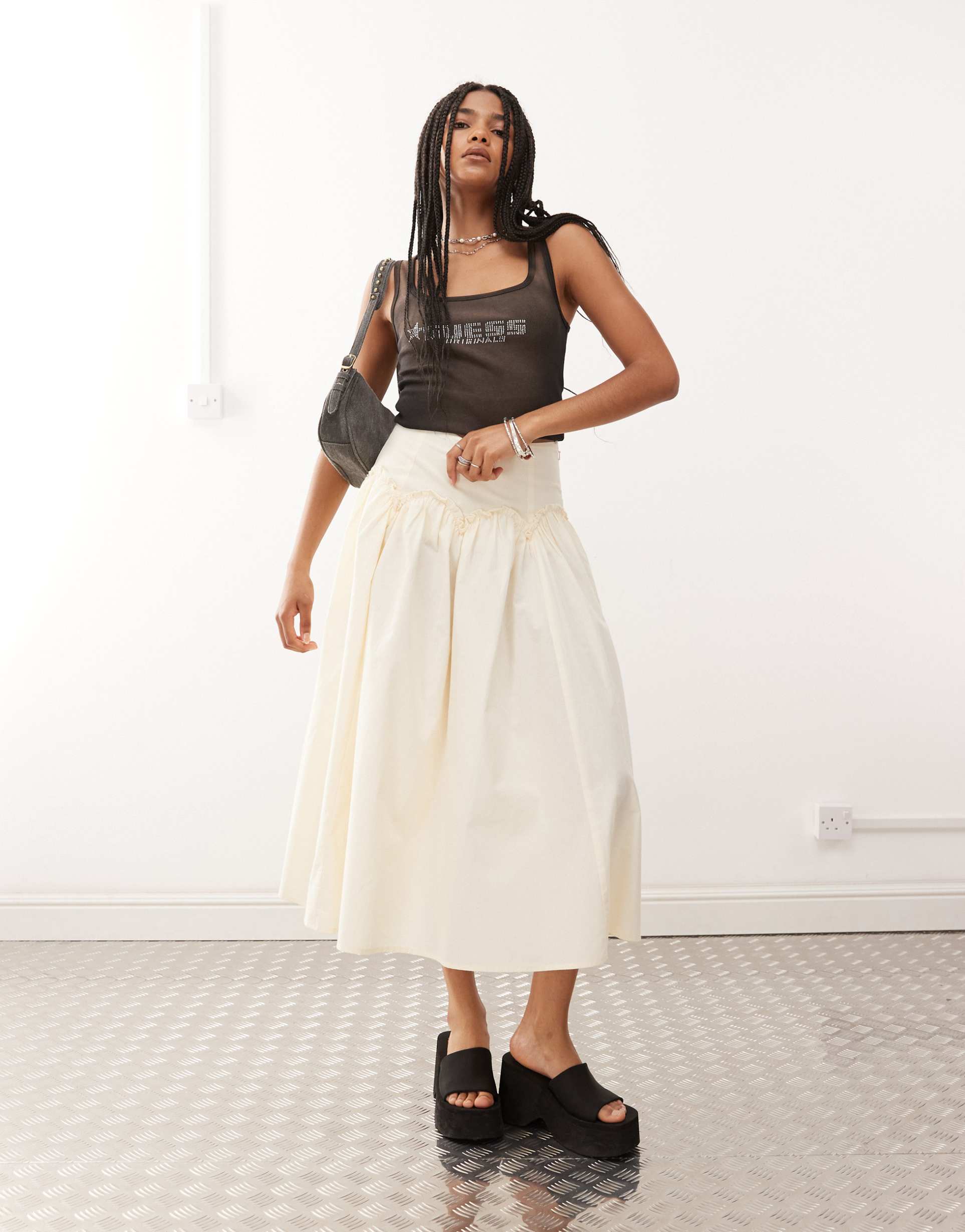 reclaimed vintage full midi skirt with dropped hem ruffle waist in cream