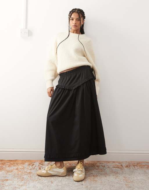 Reclaimed Vintage full midi skirt with ruffle detail on waist and hem in black