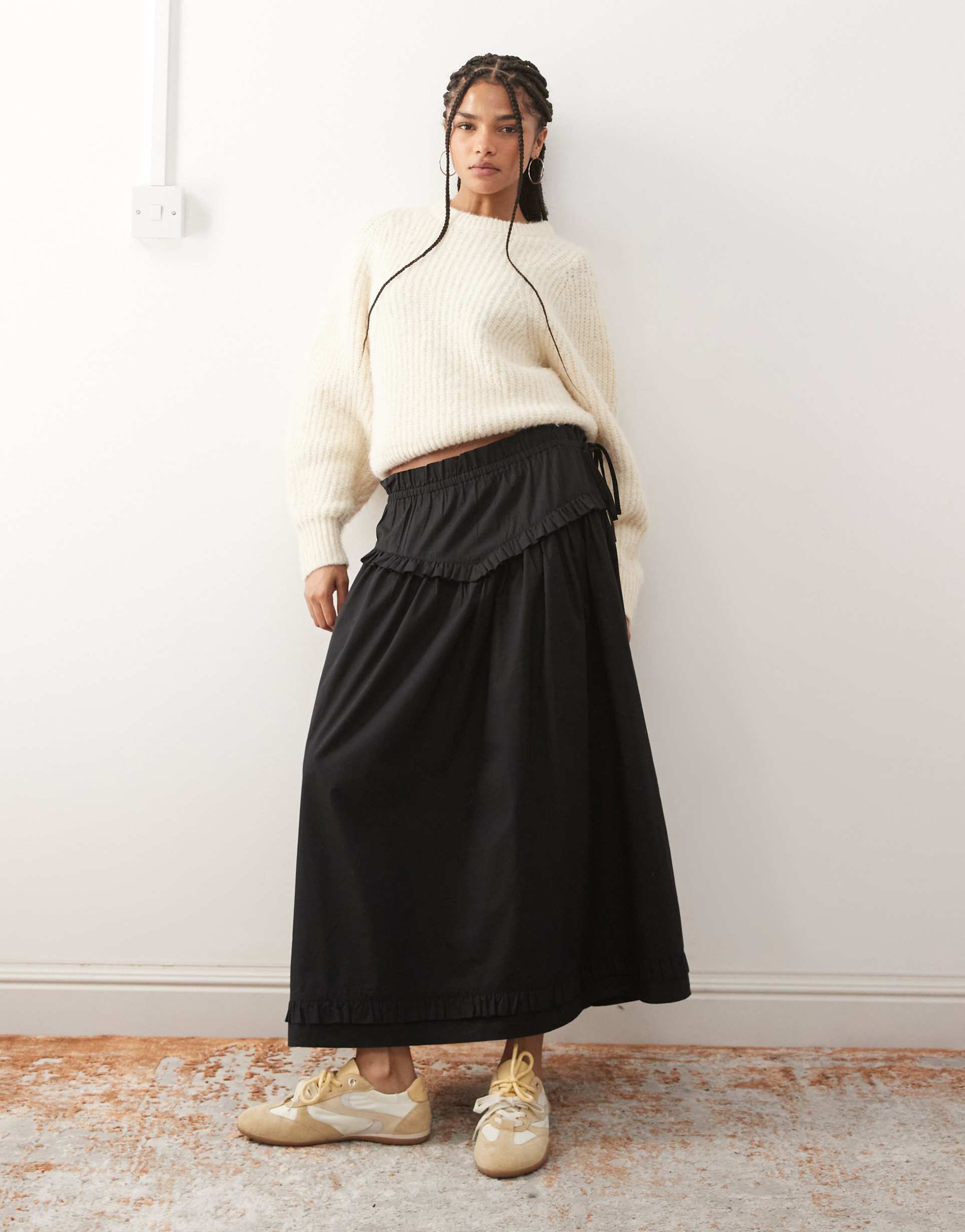 reclaimed vintage full midi skirt with ruffle detailing on waist and hem in black