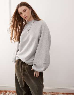 funnel neck balloon sleeve sweater in gray heather