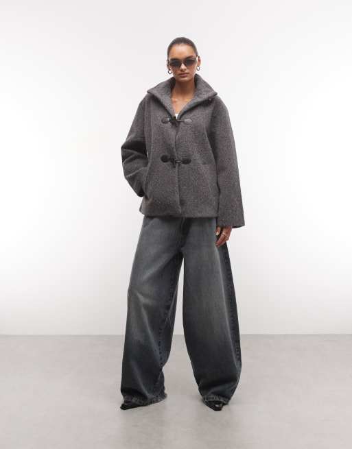 Reclaimed Vintage funnel neck boxy toggle detail jacket in brushed grey wool, 3 of 4
