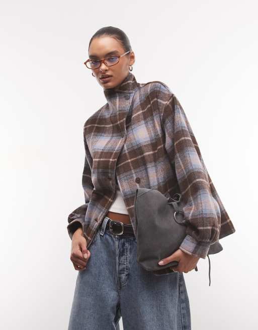 Reclaimed Vintage funnel neck brushed wool boxy jacket in peach check, 1 of 4