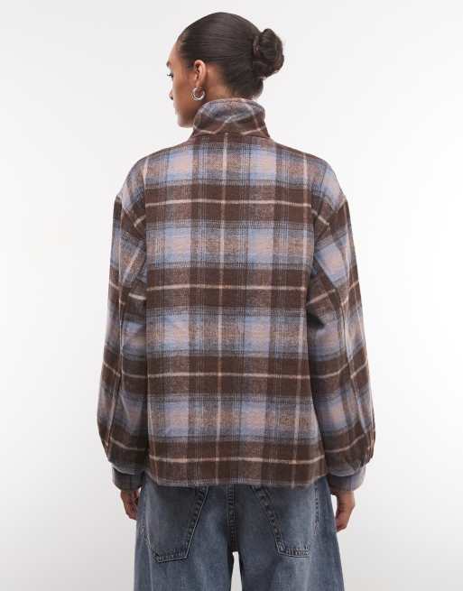 Reclaimed Vintage funnel neck brushed wool boxy jacket in peach check, 4 of 4