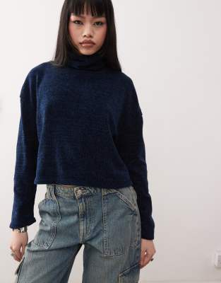 Reclaimed Vintage funnel neck jumper in navy-Blue