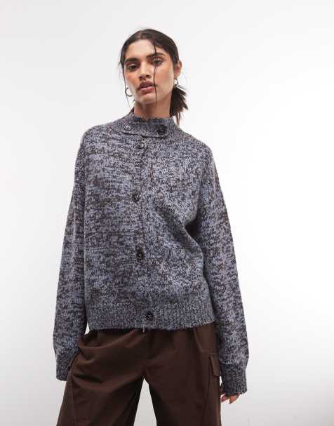 Reclaimed Vintage funnel neck oversized knitted cardi in grey - view 1