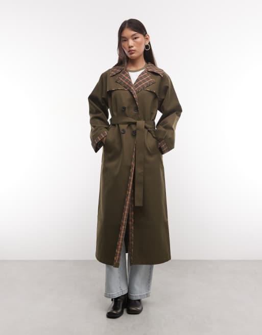 Reclaimed Vintage - gabardina con forro a cuadros y cinturón en caqui, 1 de 4