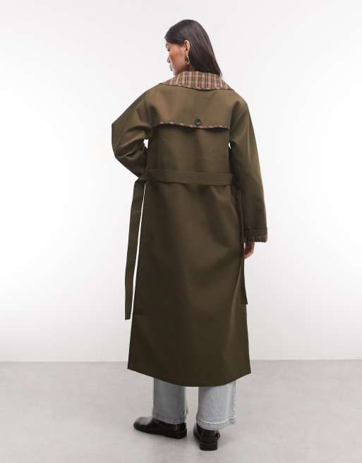 Reclaimed Vintage - gabardina con forro a cuadros y cinturón en caqui, 3 de 4