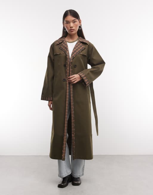 Reclaimed Vintage - gabardina con forro a cuadros y cinturón en caqui, 4 de 4