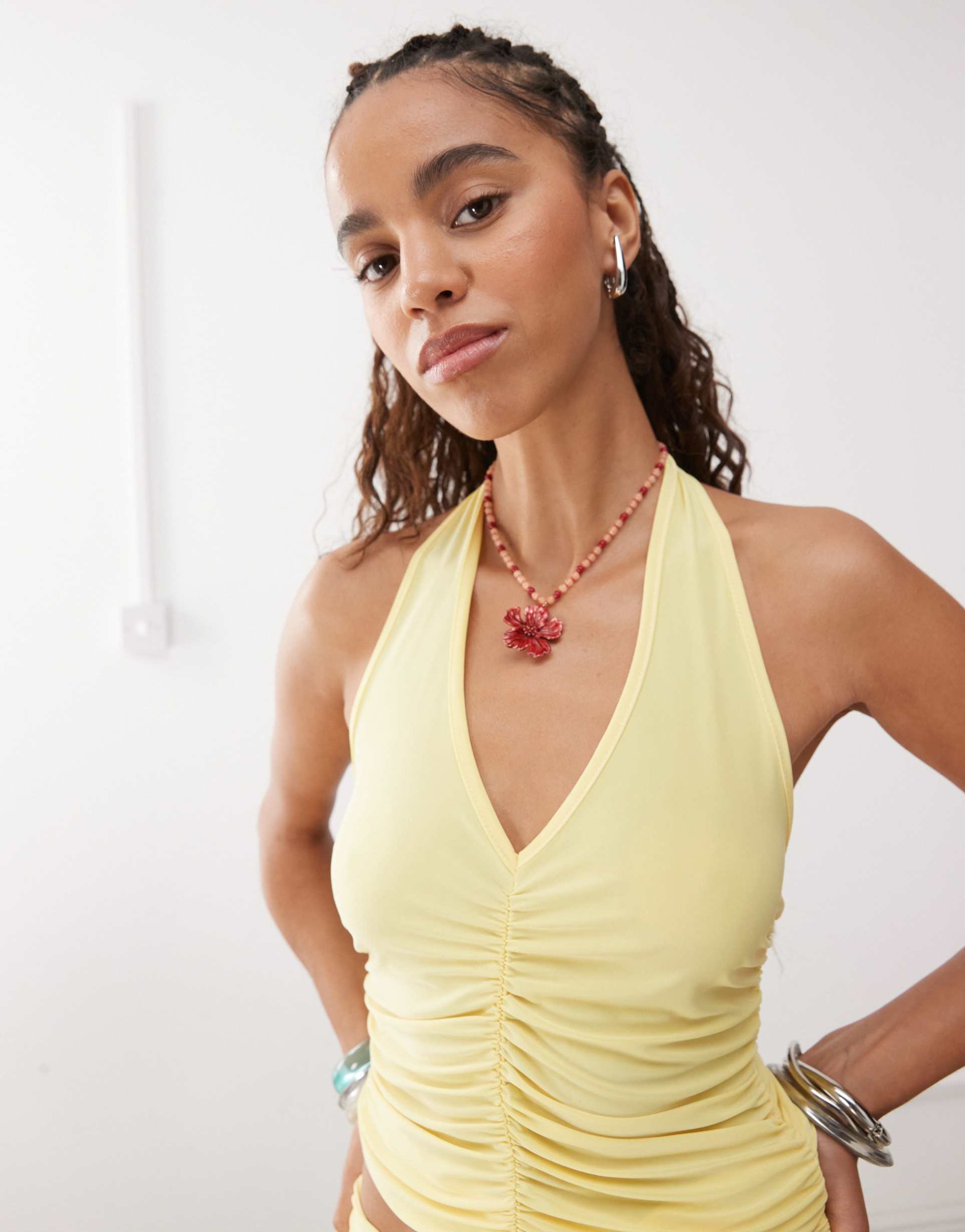 reclaimed vintage gathered seam halter neck top in butter yellow - part of a set