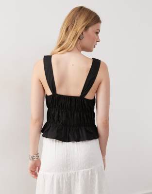 Reclaimed Vintage gathered tie front top in black