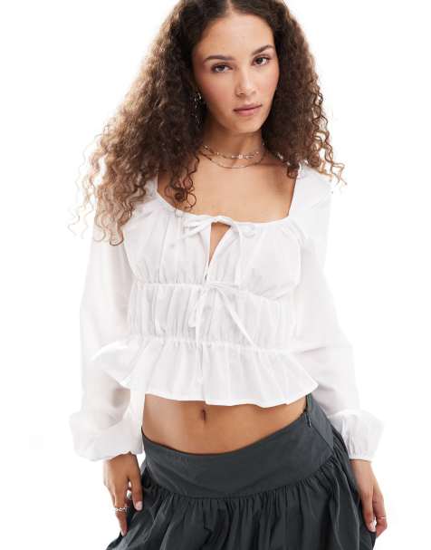 Reclaimed Vintage gathered tie front top in white - view 1
