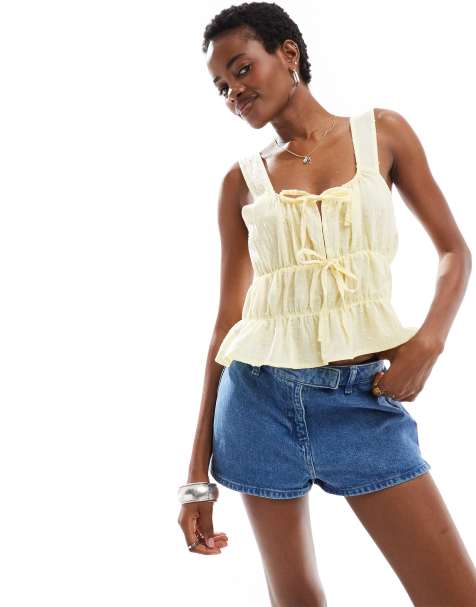 Reclaimed Vintage gathered tie front top in yellow - view 1
