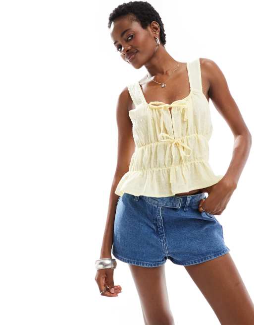 Reclaimed Vintage gathered tie front top in yellow