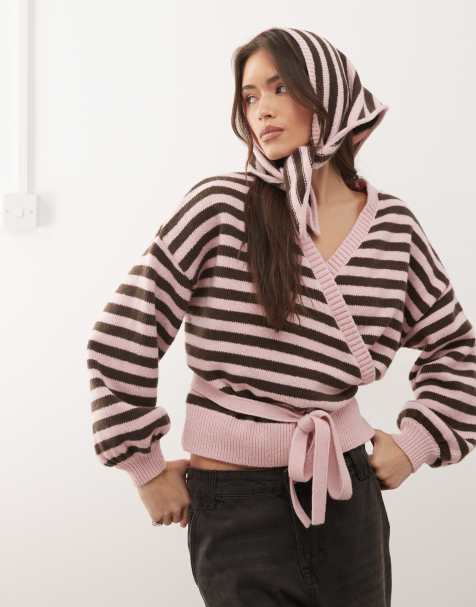 Reclaimed Vintage - Gebreid gestreept vest met overslag en bijpassende hoofddoek in roze en bruin - view 1