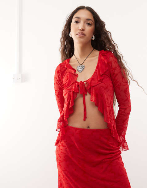 Reclaimed Vintage - Geflockte top van mesh met gestrikte voorkant in rood, deel van co-ord set - view 1
