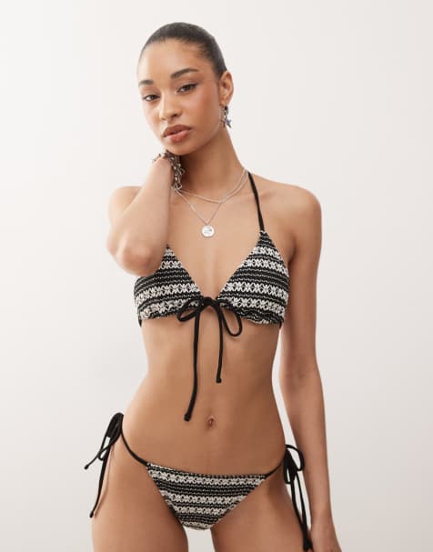 Reclaimed Vintage - Gehaakt triangel bikinitopje met gestrikte voorkant in zwart-wit - view 1