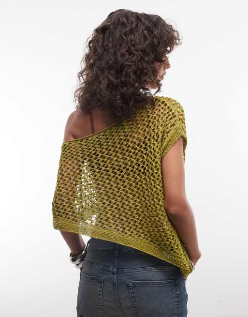 Reclaimed Vintage - Gehaakte gebreide metallic poncho in olijfgroen, 2 van 4