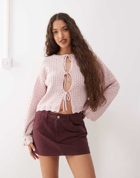 Reclaimed Vintage – Gehäkelte Strickjacke in Babyrosa mit gebundener Vorderseite und Muschelkantensaum - view 1