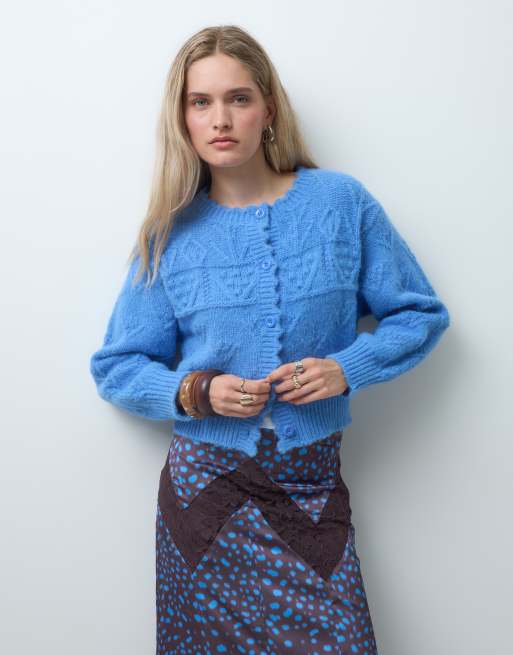 Reclaimed Vintage gehäkelte Strickjacke mit Zopfmuster in Blau, 3 von 4