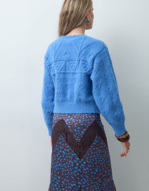 Reclaimed Vintage gehäkelte Strickjacke mit Zopfmuster in Blau, 4 von 4