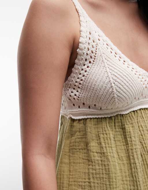 Reclaimed Vintage – Gehäkeltes Sommerkleid in Olivgrün und Cremeweiß, 2 von 4