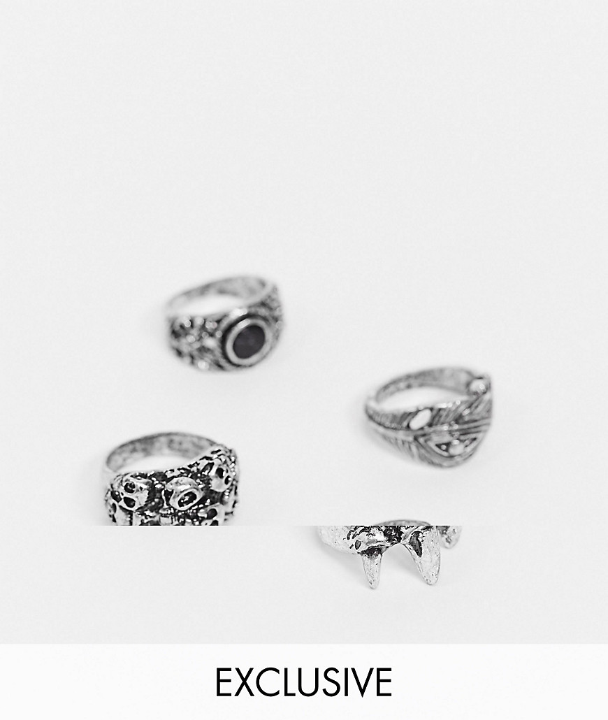 Reclaimed Vintage - Geïnspireerde set 4 van Gotische ringen in zilver