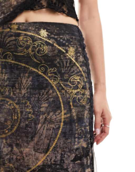 Reclaimed Vintage Gelaagde midirok met hemelse print, deel van