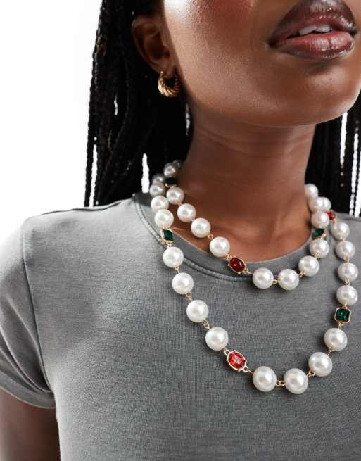 Reclaimed Vintage - Gelaagde parelketting met gekleurde stenen, 3 van 4