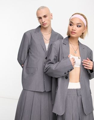 Reclaimed Vintage genderless boxy blazer and pleated midi skirt co-ord in grey